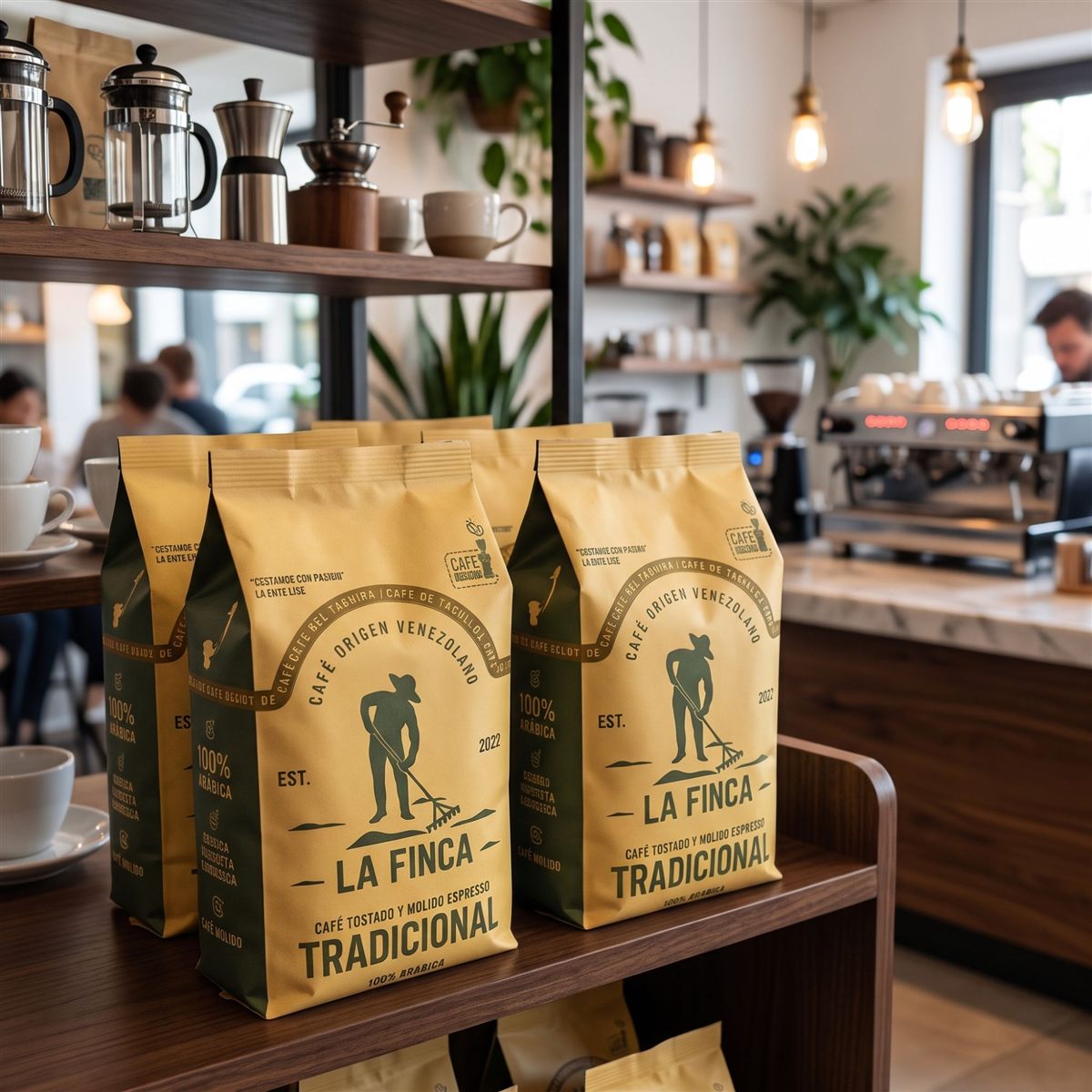 Bolsas de La Finca Tradicional en el anaquel de madera de una cafetería