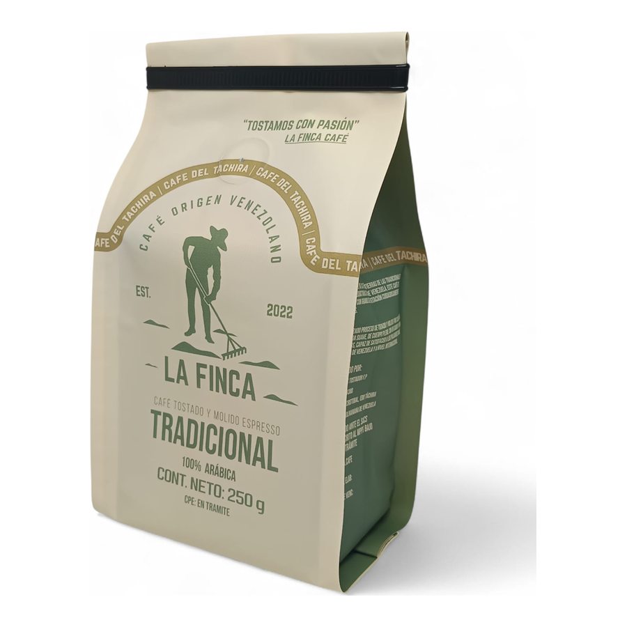 Bolsa de La Finca Tradicional 250 g en perspectiva, con el frente y el costado verde