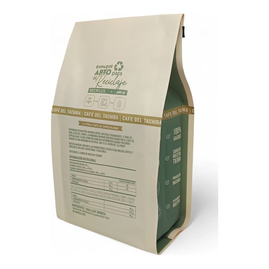 Bolsa de La Finca, reverso con la historia de la marca y la información nutricional