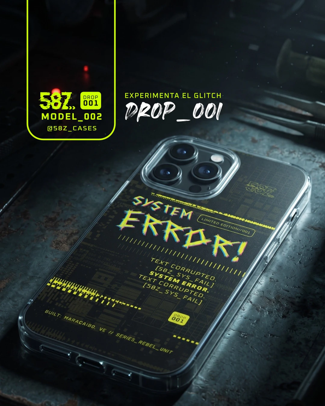 Publicación de 58Z Cases: funda System Error del Drop 001, “Experimenta el glitch”