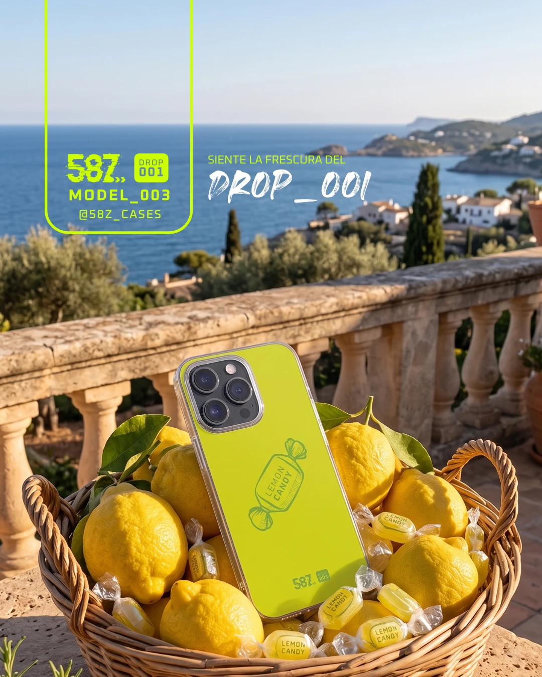 Publicación de 58Z Cases: funda Lemon Candy del Drop 001 en una cesta de limones frente al mar