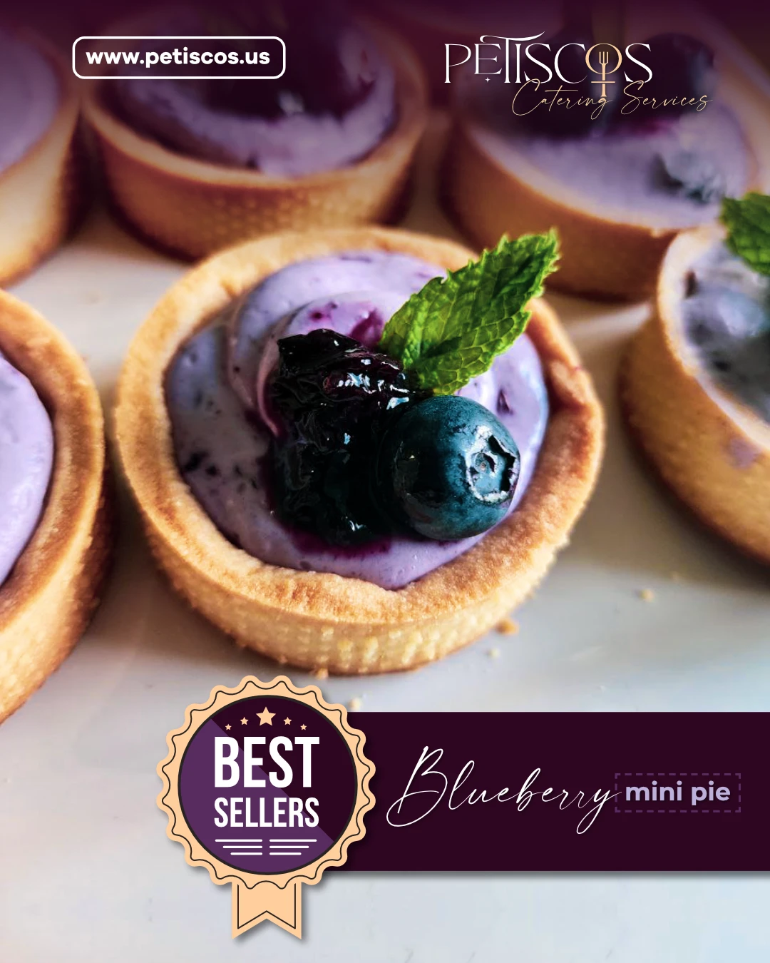 Publicación de Petiscos Catering: mini pie de blueberry, best sellers