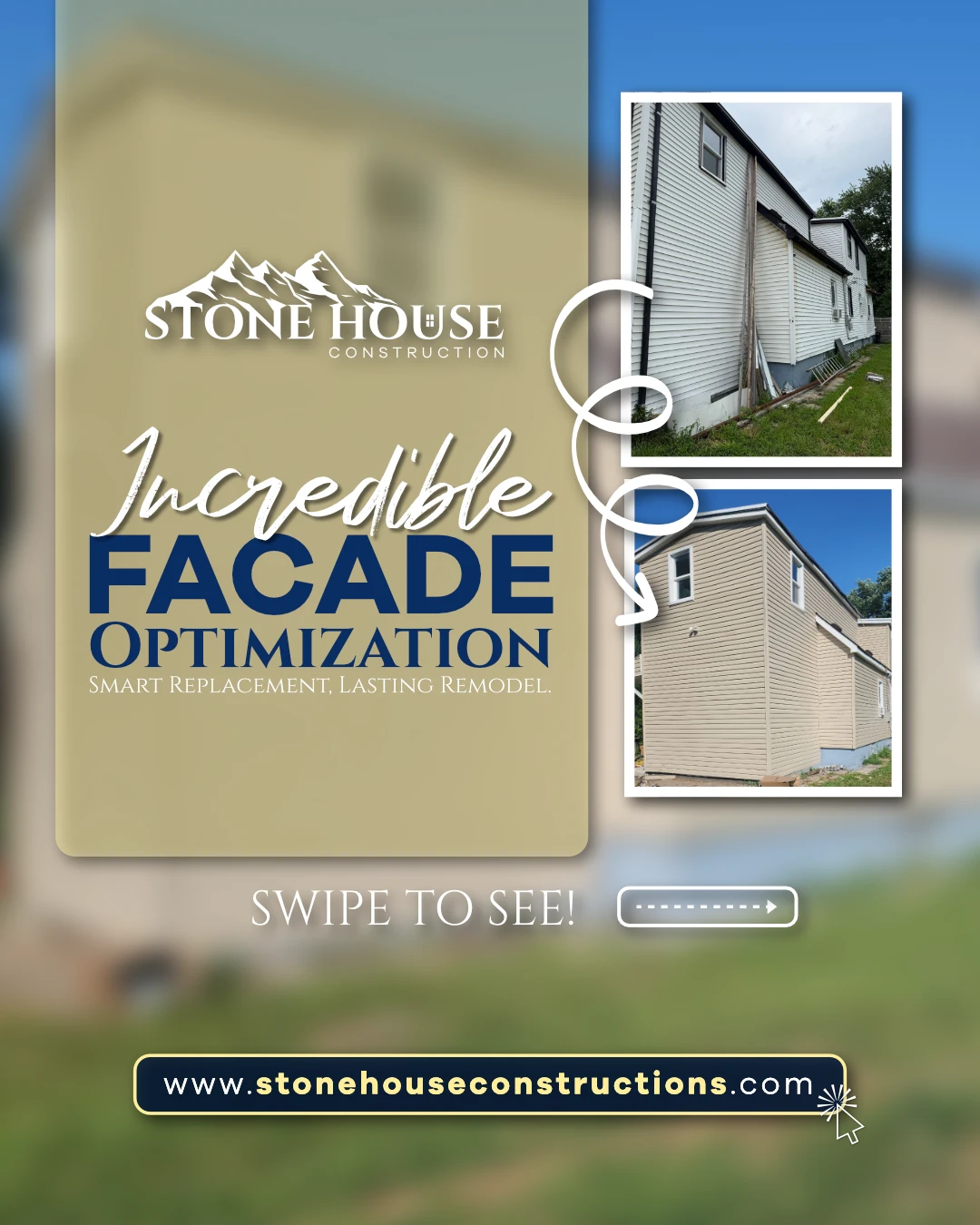 Publicación de Stone House Construction: antes y después de una fachada