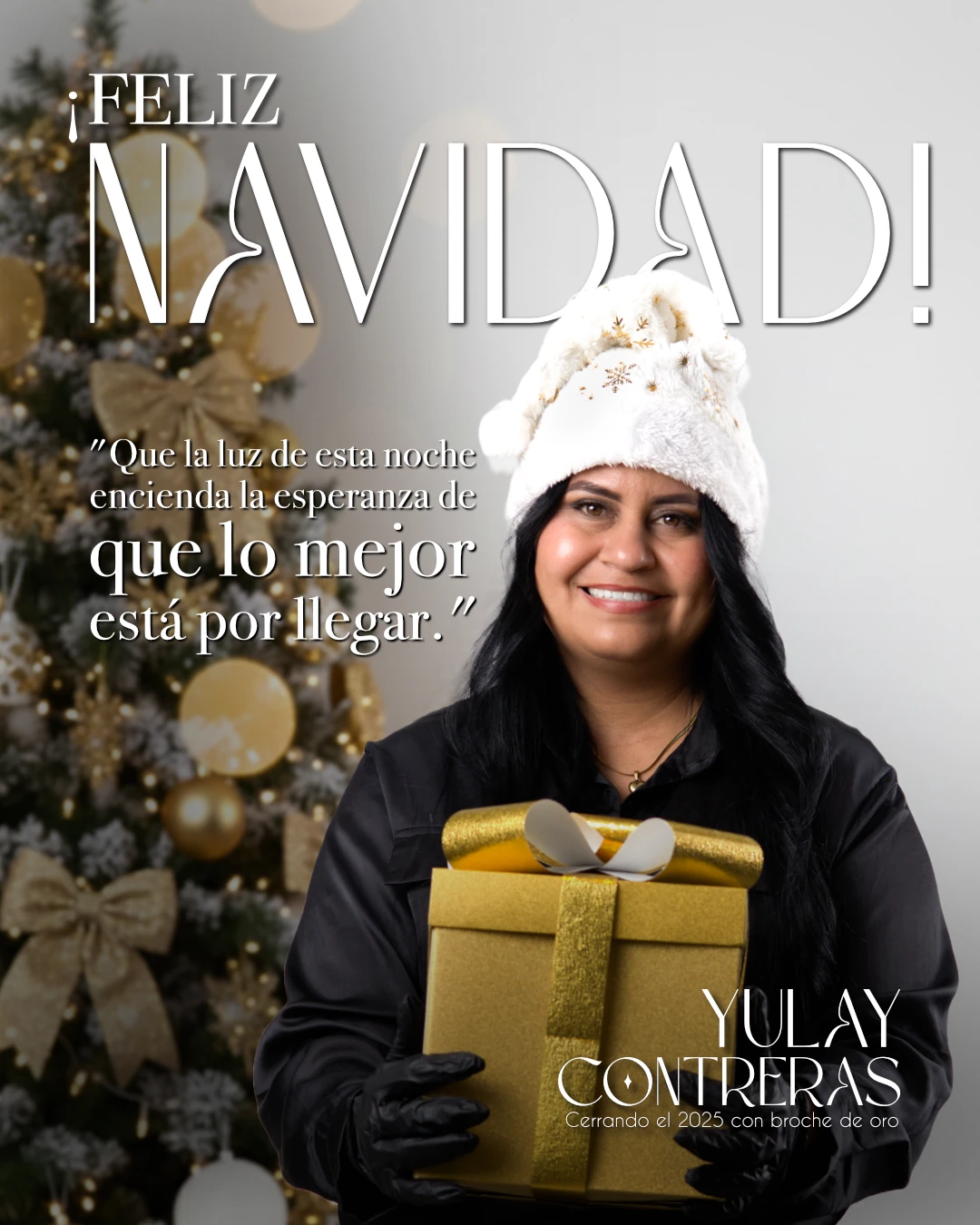Publicación de Yulay Contreras: “¡Feliz Navidad!” con un regalo dorado junto al árbol