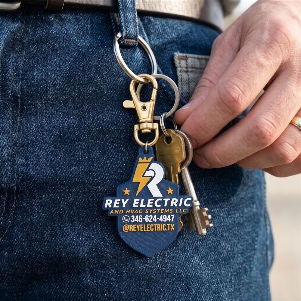 Llavero de Rey Electric con el escudo colgado de un pantalón de jean