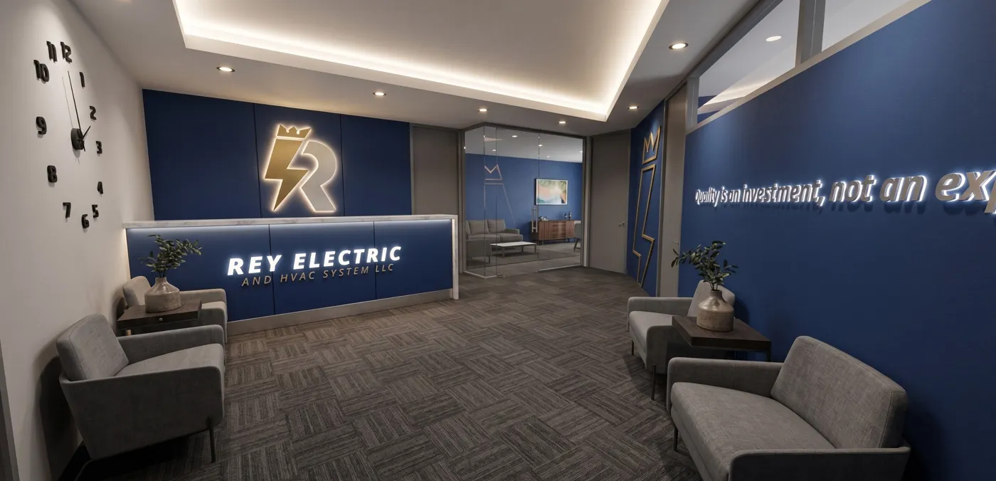 Render de la recepción de Rey Electric con el logo iluminado