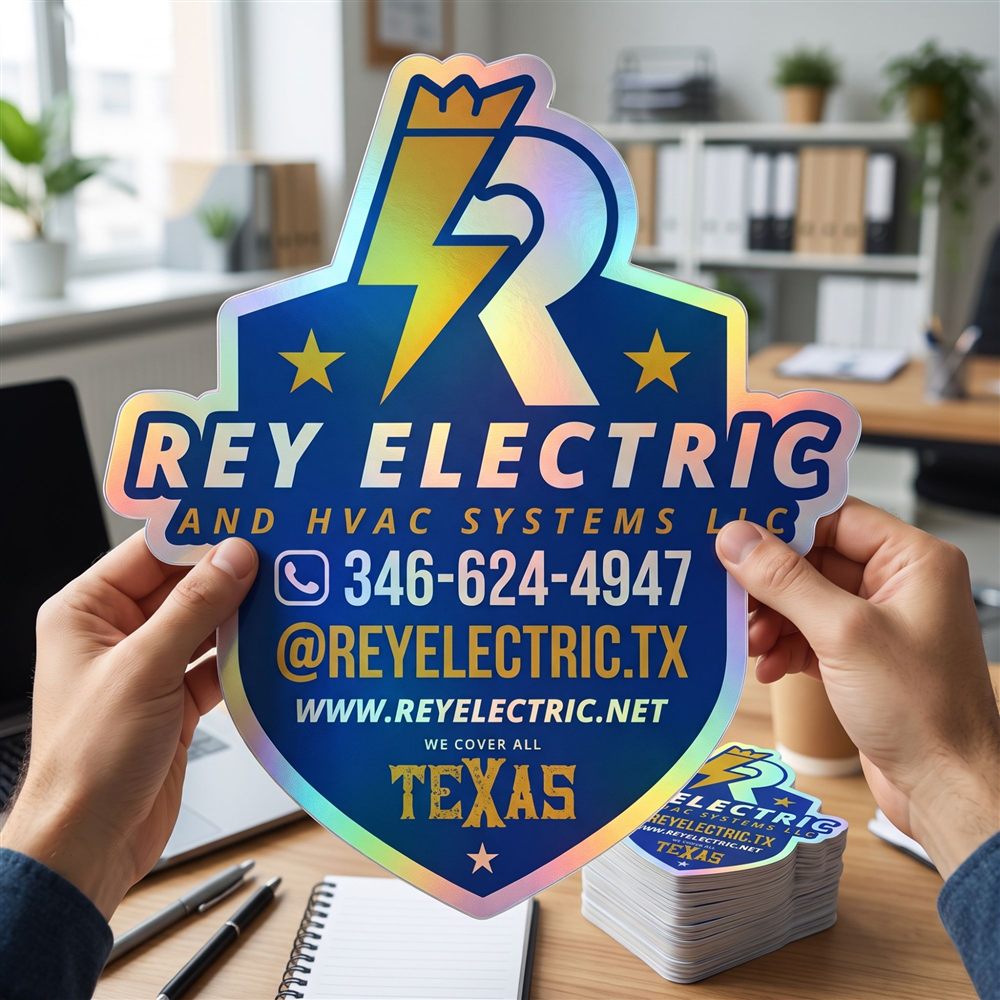 Sticker holográfico de Rey Electric con el escudo, teléfono, redes y “We cover all Texas”
