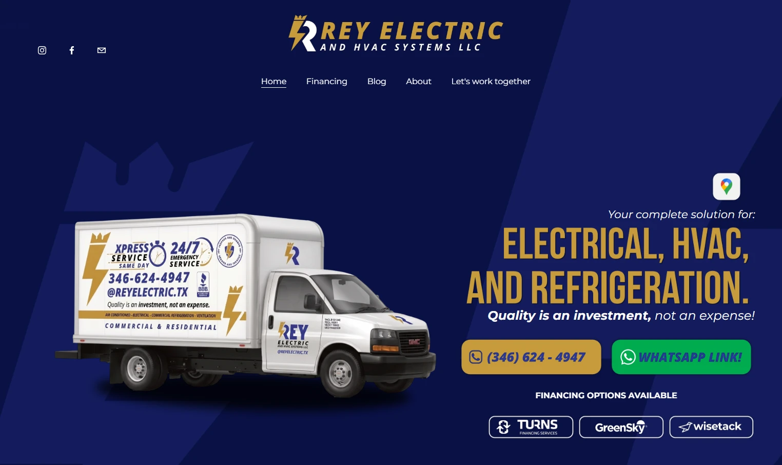 Página de inicio de reyelectric.net: camión de Rey Electric, servicios de electricidad, HVAC y refrigeración, botones de llamada y WhatsApp y opciones de financiamiento