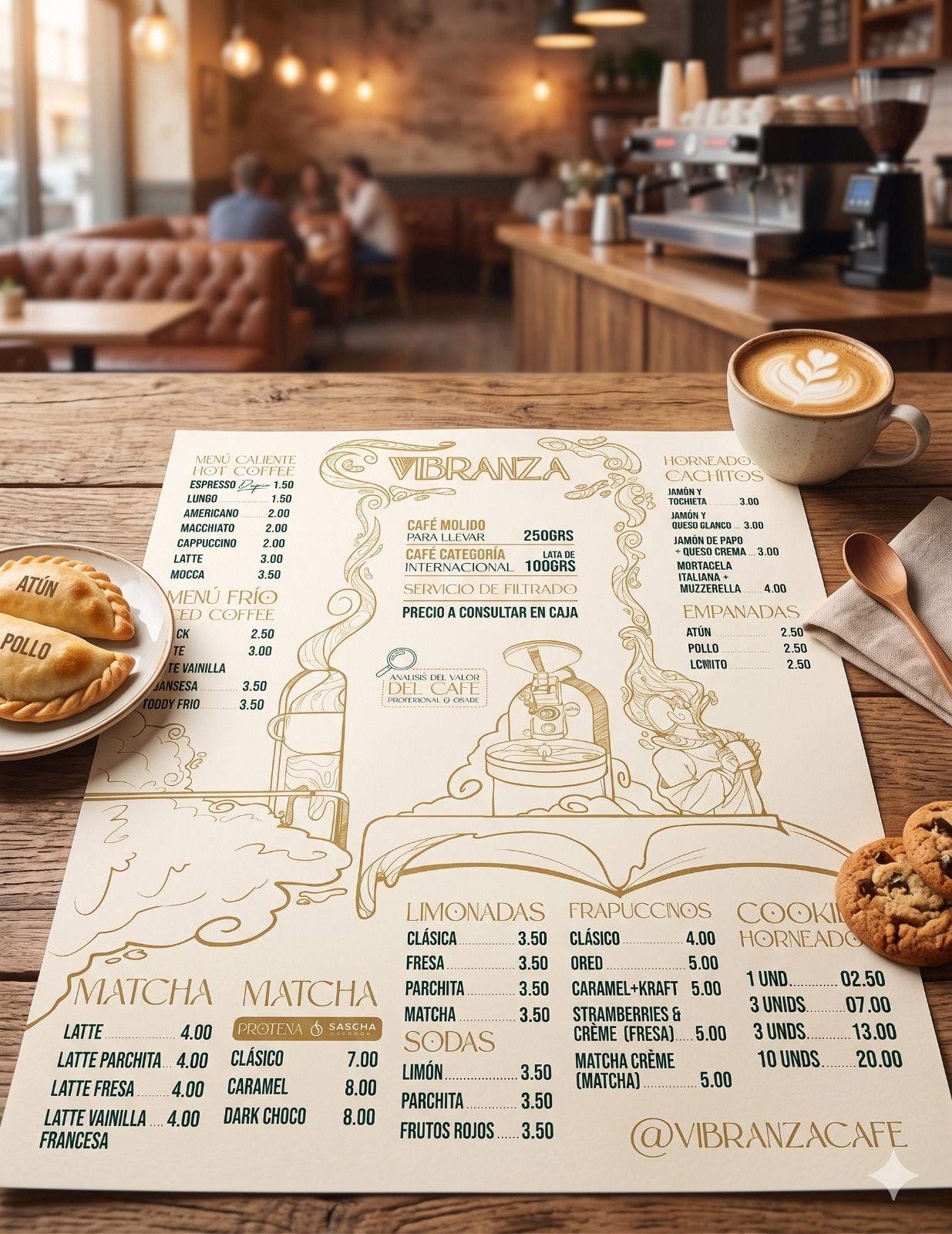 Menú de Vibranza en crema con ilustraciones doradas
