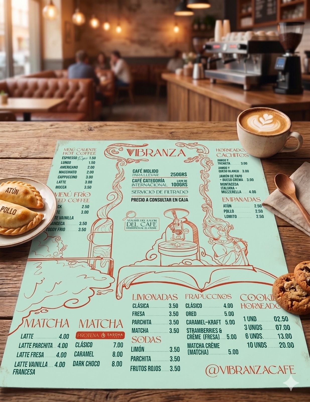 Menú de Vibranza en verde menta con ilustraciones en terracota