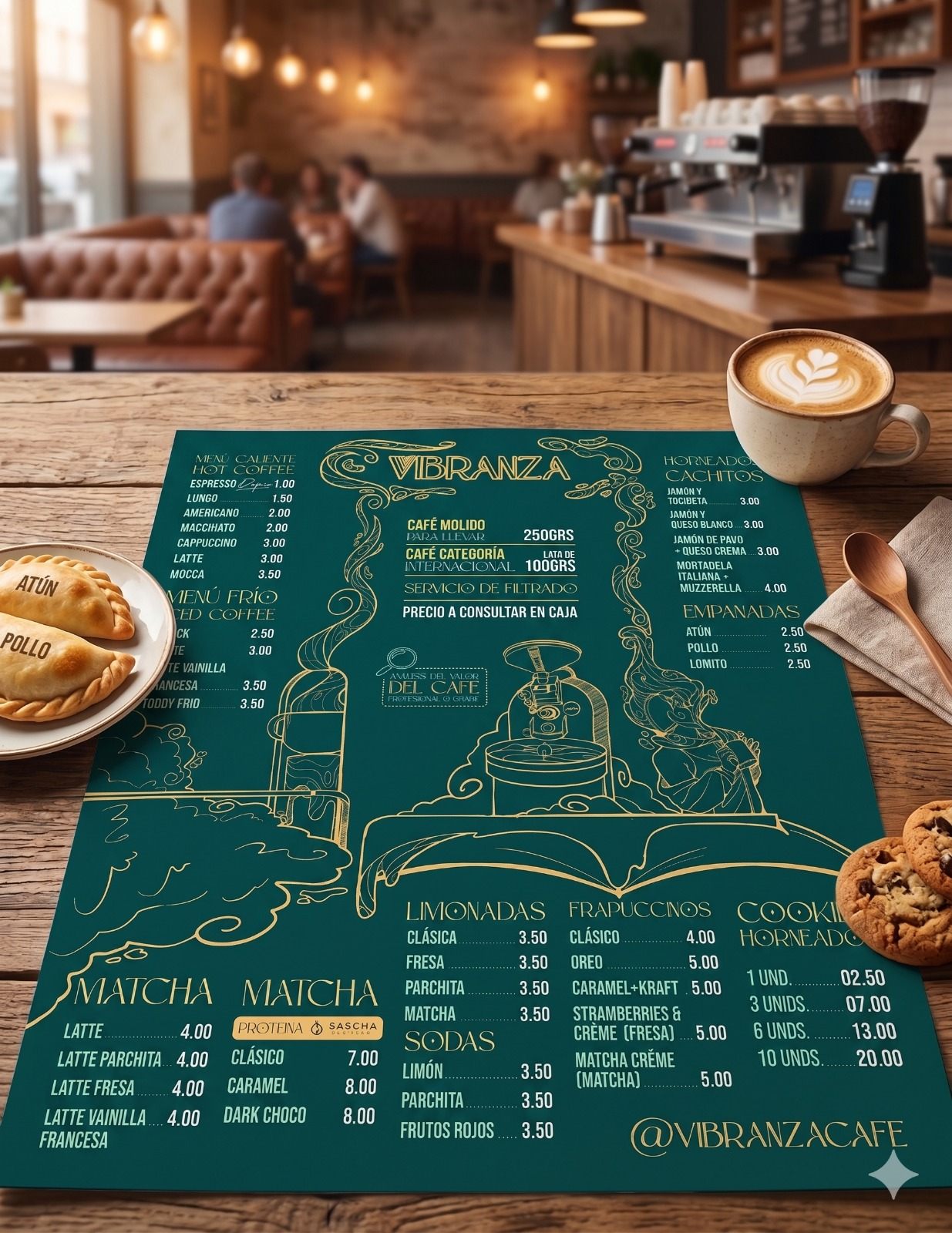 Menú de Vibranza en verde oscuro con ilustraciones doradas