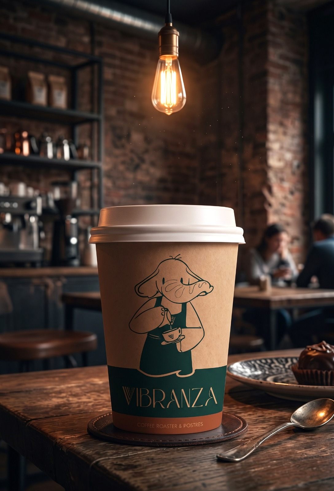 Vaso de cartón de Vibranza con la elefanta barista sirviendo un café