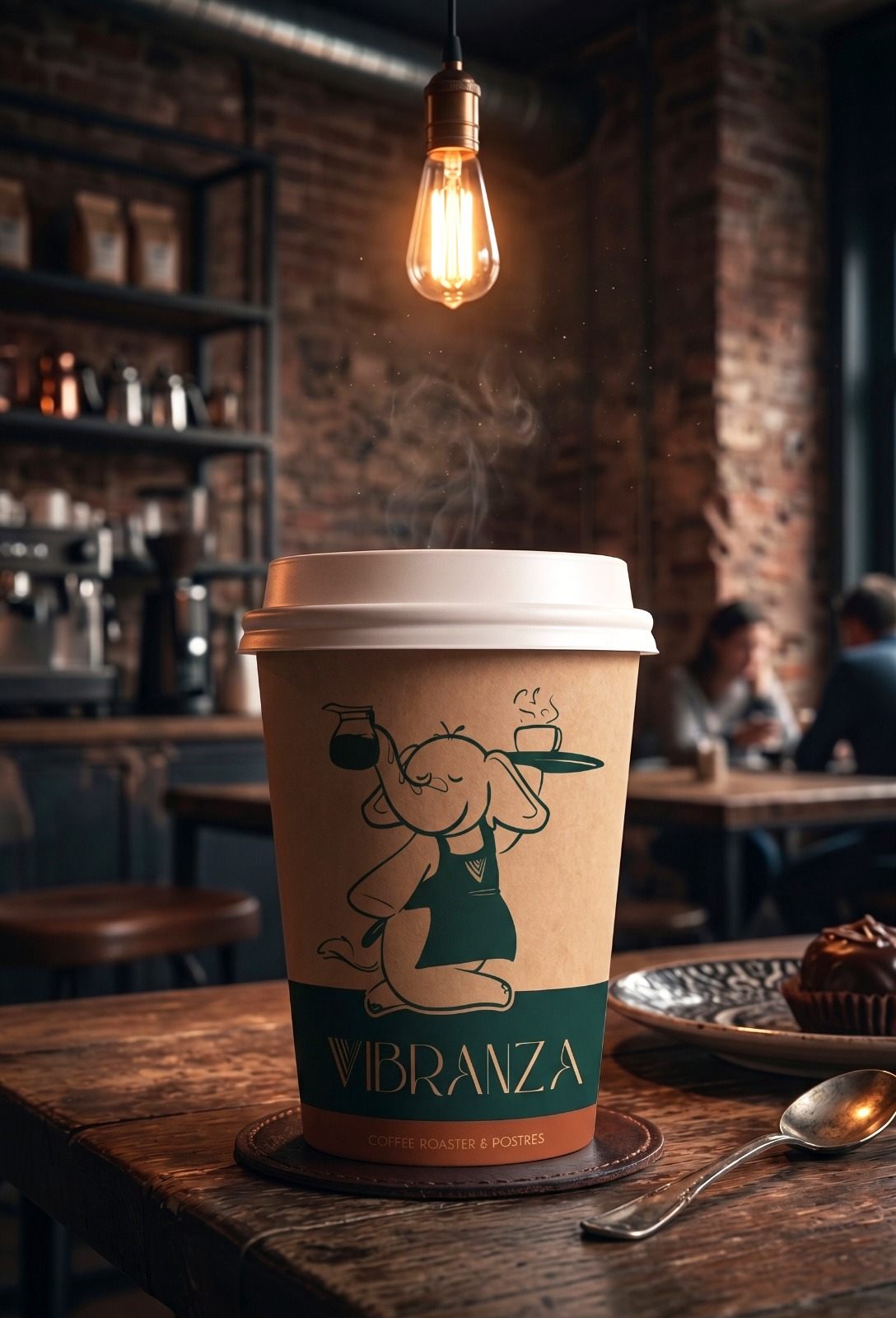 Vaso de cartón de Vibranza con la elefanta mesera llevando café